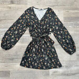LOB Black Floral Lightweight Faux Wrap Dress Long Sleeve K22